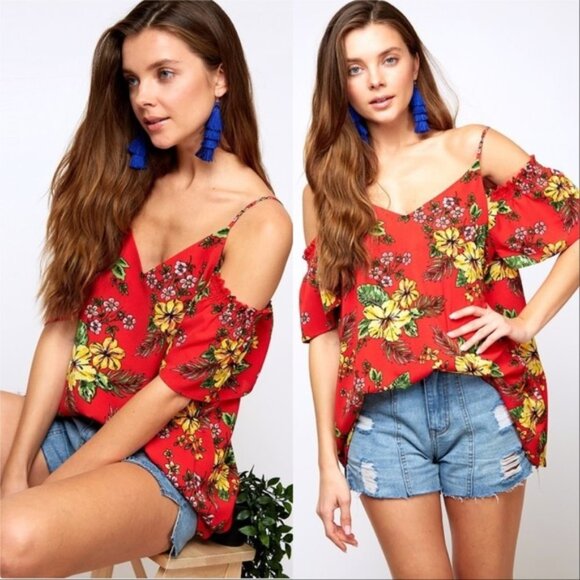 MARIE Red Floral Print Cold Shoulder Top - Picture 2 of 4
